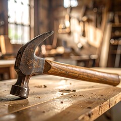 Vintage hammer on a workbench in a workshop