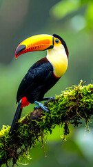 Obraz premium Tropical Toucan Portrait: A vibrant toucan perched regally on a moss-covered branch, its striking plumage a testament to the beauty of the rainforest. With its colorful beak.