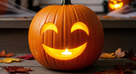 Fototapeta premium Get ready for a spooky season with this cheerful jack o' lantern, perfect for Halloween parties, autumnal displays, and cozy seasonal vibes with glowing candle light