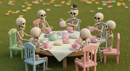 A Whimsical Gathering of Skeletons Enjoying an Outdoor Tea Party on a Grassy Lawn, Complete with Teacups, Donuts, and a Festive Atmosphere