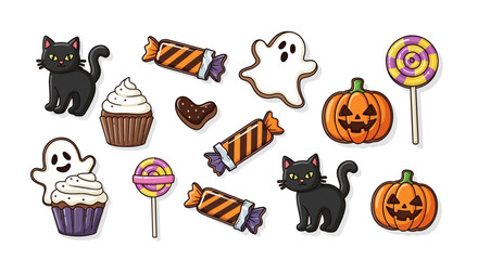 A cute collection of cartoon Halloween treats including black cats, ghosts, jack-o'-lanterns, and candy.