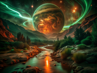 Fantasy Landscape with River Flowing Beneath a Colossal Planet