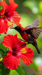Crimson Flight: A brilliant crimson sunbird hovers gracefully near vibrant red hibiscus blossoms, a vivid display of nature's beauty.