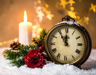 Vintage clock, candle, rose, snow, Christmas