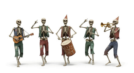 Five skeletons dressed in tattered clothing play musical instruments, including a guitar, drum, and trumpet, against a white background.