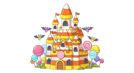 Candy Corn Castle A Whimsical Illustration of a Halloween-Themed Fortress and Sweets
