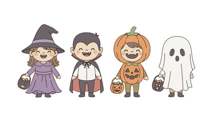 Four cute children in Halloween costumes: a witch, vampire, pumpkin, and ghost, ready for trick-or-treating.