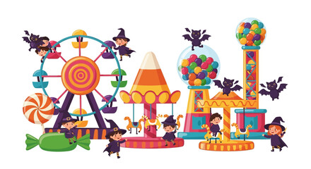 Whimsical Halloween carnival scene featuring children dressed as witches enjoying rides and candy attractions under a sky with playful bats.