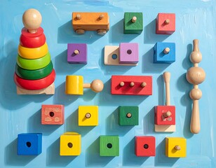 Colorful wooden toys on a blue background, child development and play concept