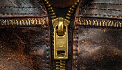 Close-up of brass zipper with wood-inlay pull tab on dark leather surface with brown stitching for editorial fashion accessory craftsmanship and design detail-themed visuals
