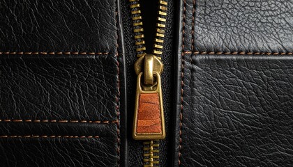 Close-up of brass zipper with wood-inlay pull tab on dark leather surface with brown stitching for editorial fashion accessory craftsmanship and design detail-themed visuals