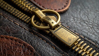 Close-up of brass zipper with wood-inlay pull tab on dark leather surface with brown stitching for editorial fashion accessory craftsmanship and design detail-themed visuals