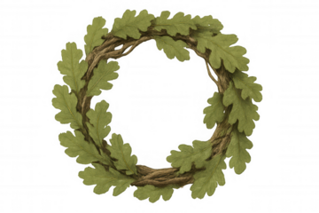 Oak leaves wreath forming a circular frame with green foliage and intertwined branches on transparent background