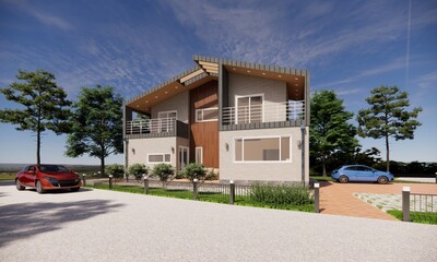 modern house in the park, 3D Rendering of a modern brick and wood siding panel single house