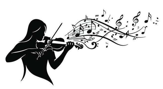 Silhouette of a woman playing violin with musical notes flowing outwards