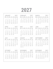 2027 Calendar Printable US Letter Size 8.5x11 Monday Start Planner Diary Template Transparent Background	