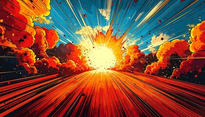Comic book style explosion with bright orange and blue sky illustration