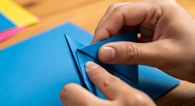 Hands Folding Blue Origami Paper A Close-Up View of the Creative Process & Crafting
