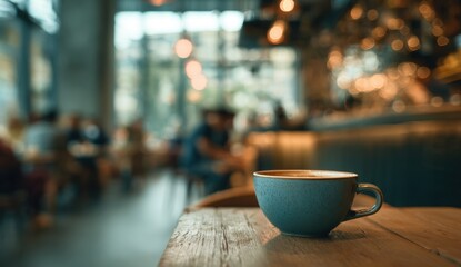 Fototapeta premium A ceramic cup filled with coffee placed on a wooden table inside a cozy modern cafe with blurred
