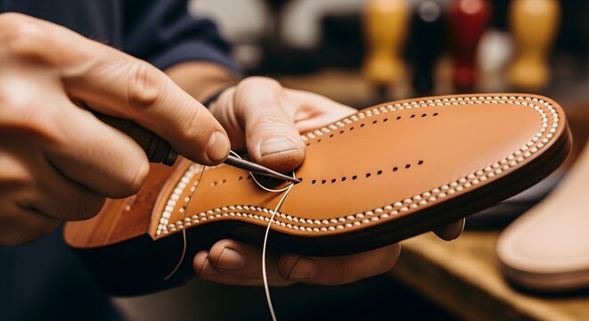 Close-up of a craftsman meticulously hand-stitching a leather shoe sole, showcasing traditional shoemaking techniques