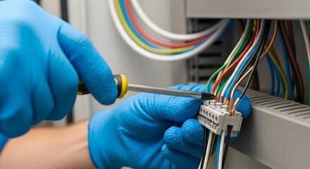 Electrician's hands in blue gloves using a screwdriver to connect wires in a terminal block, close-up view of electrical wiring