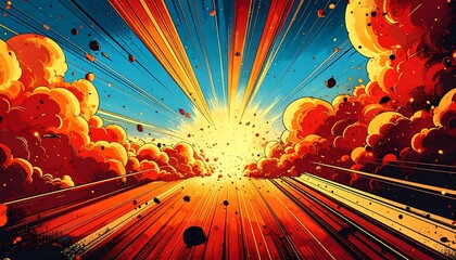 Comic book style explosion with vibrant colors and dramatic impact illustration