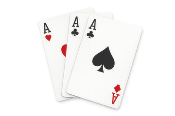 Playing cards showing three aces, a strong poker hand representing gambling, winning, and luck on transparent background