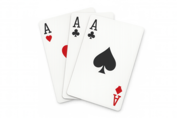 Playing cards showing three aces, a strong poker hand representing gambling, winning, and luck on transparent background