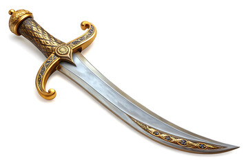 Old sword medieval weapon blade knight equipment with ornate handle isolated on white background.