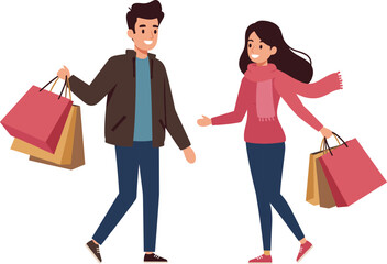 Illustration of man and woman shopping with bags, casual winter clothing, cheerful interaction, retail lifestyle, consumer behavior, holiday shopping, friendly social scene