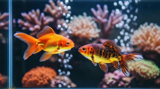 Two vibrant ornamental fish one solid orange and one patterned gold black and orange swim in an aquarium amidst blurred coral structures and effervescent bubbles serene underwater scene