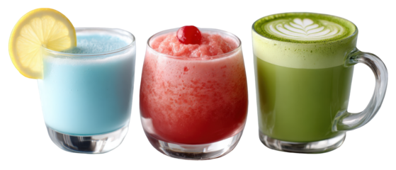 Colorful assortment of refreshing beverages on a clean surface, showcasing vibrant flavors and textures