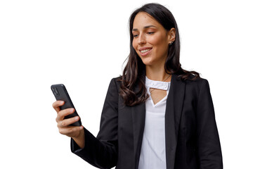Fototapeta premium Businesswoman standing and smiling, using mobile phone, checking communications, against transparent background