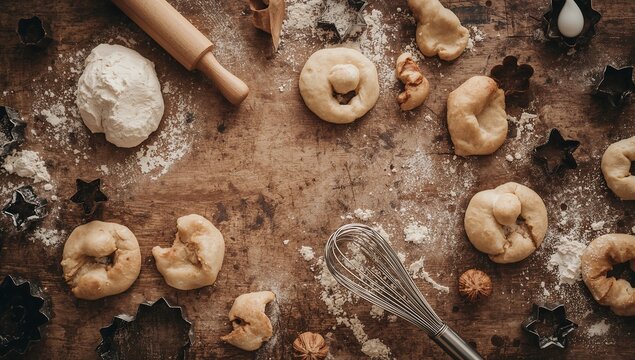 Preparation of dough for baking christmas cookies, top view. Baking dough with cookie cutters and rolling pin on wooden background.