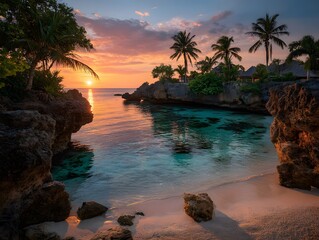 Breathtaking tropical beach cove at sunset with dramatic golden clouds. The beautiful sky is reflected in the calm, turquoise water below.