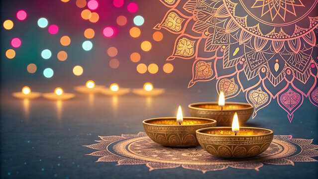 Festive Diwali lights decoration with golden diya lamps, bokeh glow and mandala pattern — celebration background