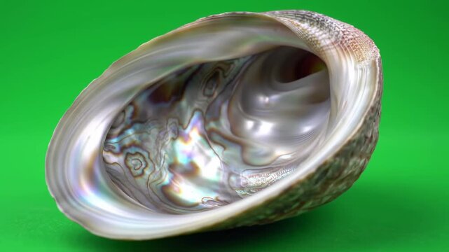 Close-up of an iridescent abalone shell with a vibrant green background.