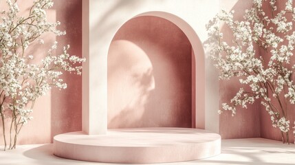 Pink archway display with flowers, spring scene, empty stage