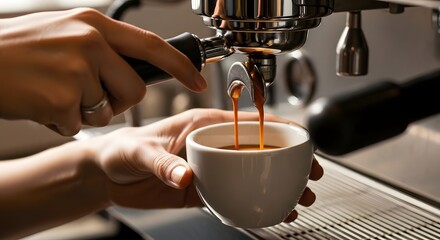 Close-up of a barista preparing a fresh, aromatic espresso shot using a modern coffee maker in a cafe