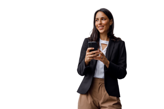 Professional woman smiling, holding smartphone, checking messages, communicating, navigating digital technology with transparent background