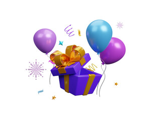 Gift box party icon isolated on transparent background, New Year party design element, Anniversary party concept. Celebration, winner, New year party, anniversary poster and banner design. 3d render