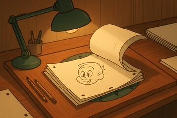 Traditional Animation Desk with Classic Cartoon Drawing