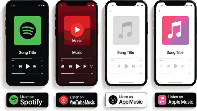 Smartphones displaying popular music streaming services spotify, youtube music , apple music vector