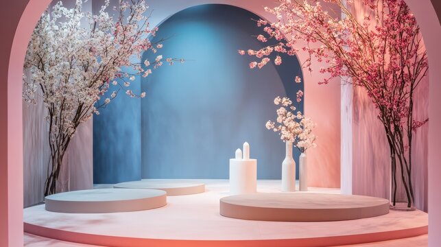 Floral archway display podiums; aesthetic background; use in product promotion