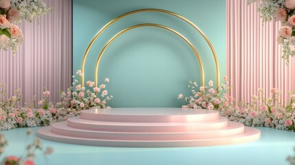 Pink pedestal stage with flowers and mint backdrop, product display