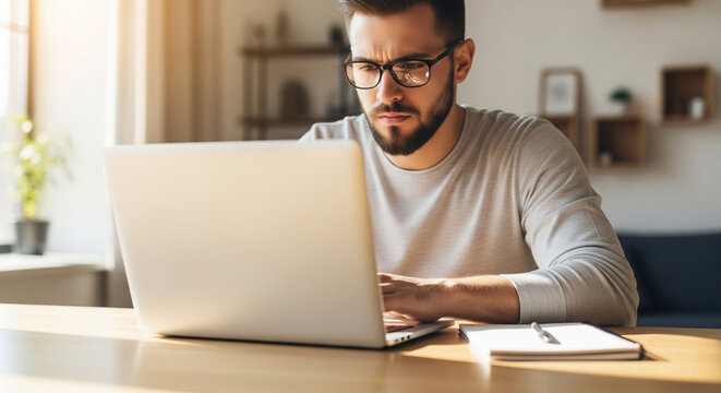 Focused man in glasses working intently on his laptop at home, representing remote work and modern digital productivity