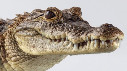 Fototapeta premium Detailed Alligator Head Portrait Showcasing Teeth and Mouth on a Rock Against a White Background