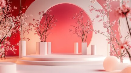 Pink Cherry Blossom Display Podium, 3D Rendering, Product Showcase
