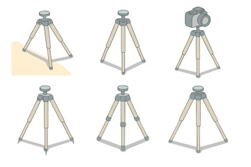 Tripod Setup Stability. Isometric vector illustration set Tripod Placement for Stability: level tripod on slope, tripod feet