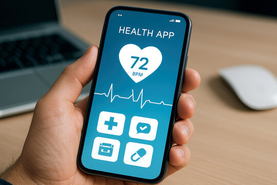Hand holding smartphone with health APP displaying heart rate and medical icons near laptop mobile phone
